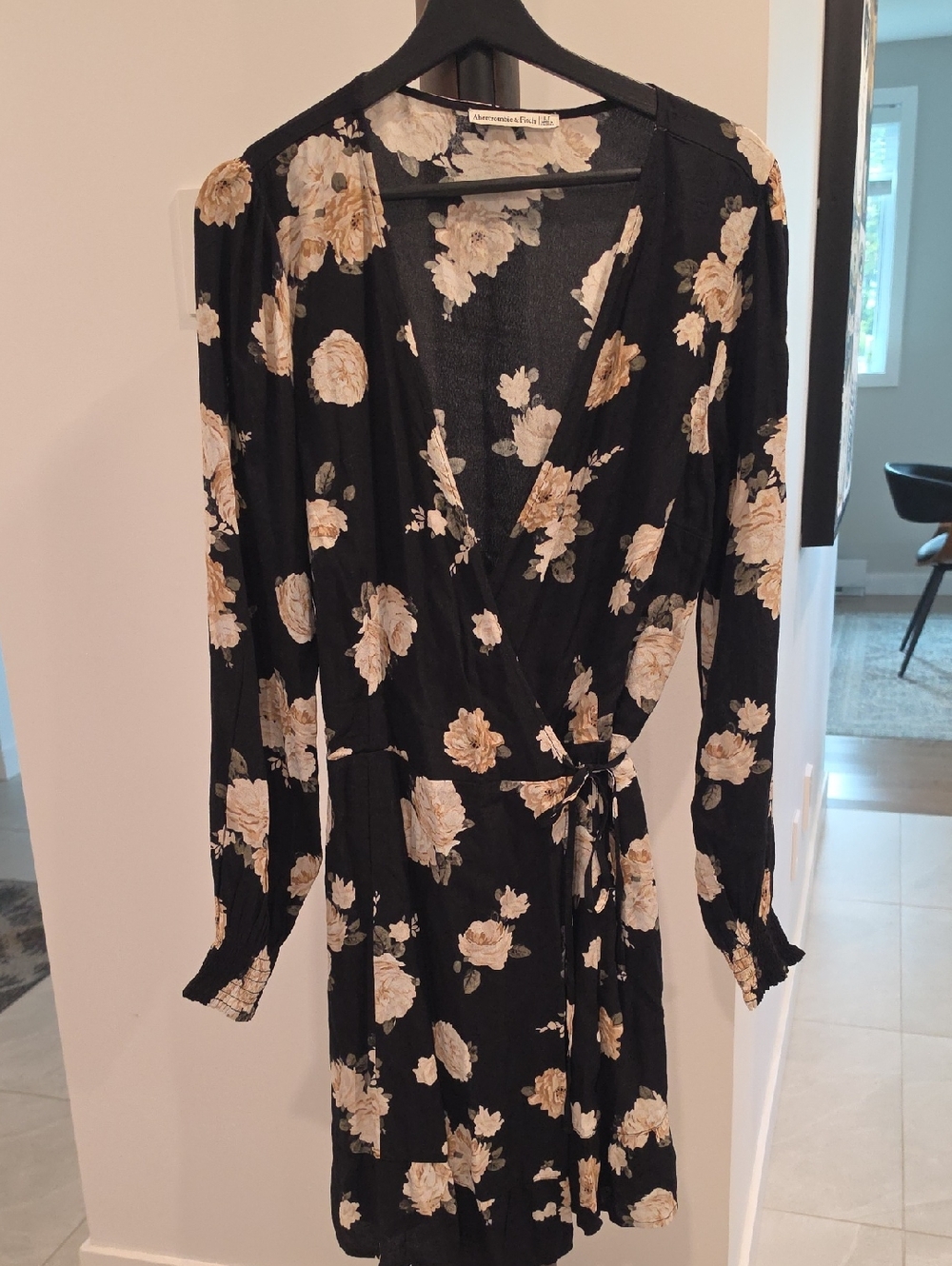 Abercrombie & Fitch Black Wrap Dress with Cream Floral Print